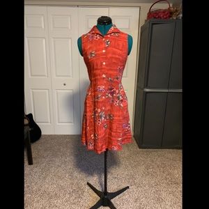 Dark orange floral sleeveless button up dress